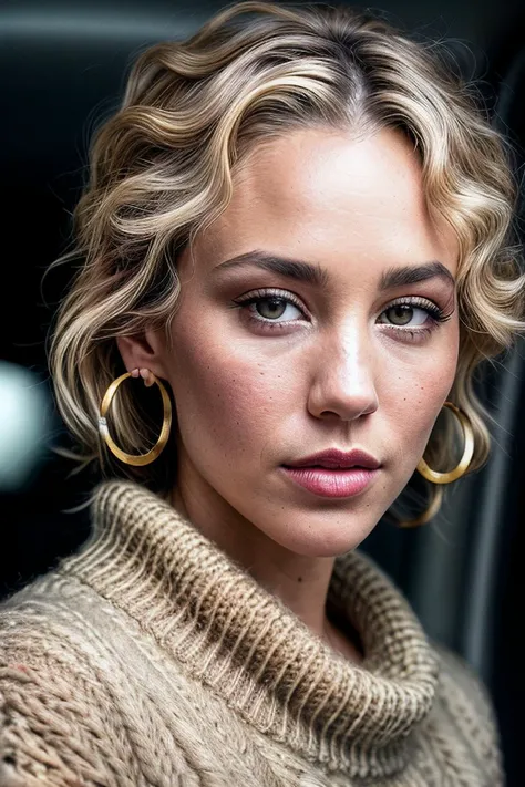 beautiful woman (EPT4mmyH3mbr0w:.99), red lips, gold earrings, ((portrait)), (closeup:1.2), ((from the waist up)), ((( car interior 1.2 ))), natural skin texture, (( Chunky Knit Sweater :1.2)), 24mm, 4k textures, soft cinematic light, adobe lightroom, photolab, hdr, intricate, elegant, highly detailed, sharp focus, ((((cinematic look)))), soothing tones, insane details, intricate details, hyperdetailed, low contrast, soft cinematic light, exposure blend, hdr, faded, now, ("I've got a bad feeling about this.":1.1)