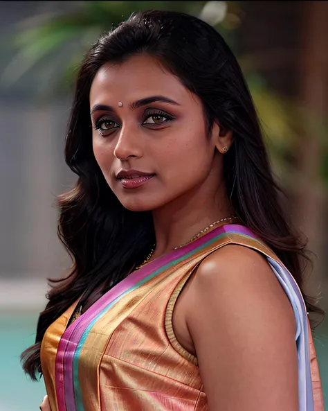 profile photo of a rmuk woman, wearing colorfulAbaya Style Suit covering chest and breasts, looking at camera, film grain, perfect eyes, beautiful bokeh <lora:rmuk_Rani_Mukerji_local_Adafactor_Local_fp16-000003:1>