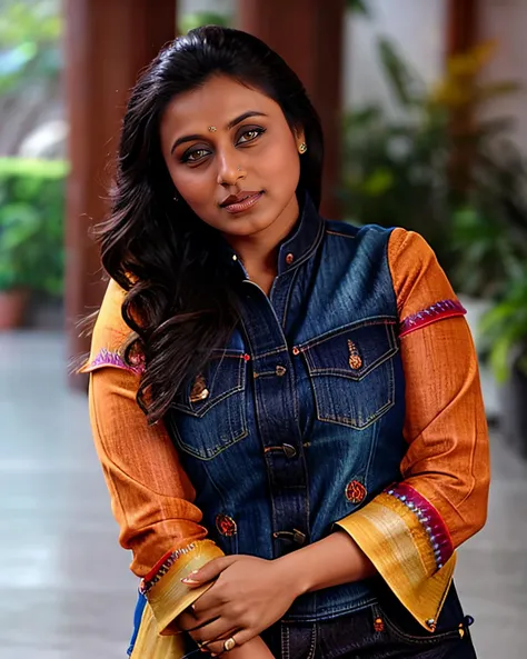 profile photo of a rmuk woman, wearing colorfulkurta_with_Jeans covering chest and breasts, looking at camera, film grain, perfect eyes, beautiful bokeh <lora:rmuk_Rani_Mukerji_local_Adafactor_Local_fp16-000003:1>