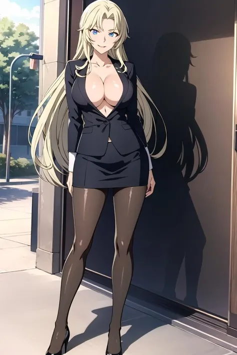 ((masterpiece)),((best quality)),ultra-detailed,illustratio,Explicit,nsfw,Beautiful body,Beautiful Nose,Beautiful character design,perfect eyes,perfect face,wallpaper,ultra highres,
4K,photography,(Beautiful, large breasts:1.2),(beautiful face:1.2),(beautiful legs, perfect legs),(meitantei conan \(style\), detecive conan \(style\), meitantei conan),
shiny skin,anime screencap,official style,Vermouth,1girl,solo,breasts,formal,suit,pantyhose,cleavage,blonde hair,skirt,skirt suit,high heels,blue eyes,lipstick,makeup,pencil skirt,nail polish,smile,scar,business suit,full body,jacket,shoes,looking at viewer,standing,purple nails,black footwear,black skirt,miniskirt,see-through legwear,(shiny hair,long hair,very long hair:1.5)i,full body,<lora:Vermouth:0.7>,night,evening,street,outdoor,muoto,