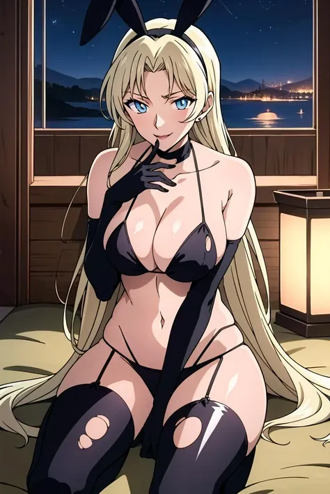 ((masterpiece)),((best quality)),ultra-detailed,illustratio,Explicit,nsfw,Beautiful body,Beautiful Nose,Beautiful character design,perfect eyes,perfect face,wallpaper,ultra highres,
4K,photography,(Beautiful, large breasts:1.2),(beautiful face:1.2),(beautiful legs, perfect legs),perfect fingers,beautiful fingers,full body,(meitantei conan \(style\), detecive conan \(style\), meitantei conan),shiny skin,anime screencap,official style,Vermouth,1girl,solo,blue eyes,rabbit ears,animal ears,breasts,gloves,elbow gloves,thighhighs,blonde hair,black gloves,covered nipples,smile,torn clothes,black thighhighs,fake animal ears,looking at viewer,garter straps,underwear,navel,magic circle,cleavage,bunny,bunny suit,black bunny,anime coloring,(shiny hair,long hair,very long hair:1.5),<lora:Vermouth:0.7>,(night,evening:1.5),indoor,saloon,lamplight,window,