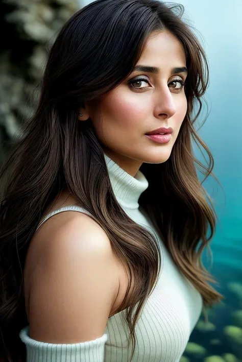 A stunning portrait of an Indian milf woman, reminiscent of Anne Hathaway's elegance. The subject's undercut hair adds a touch of modernity to her classic beauty. Her navel is subtly showcased, drawing attention to her toned physique. Perfectly symmetrical eyes sparkle with joy, framed by hyper-realistic skin texture that seems almost tactile. Soft, rim ambient lighting illuminates her features, as if bathed in the warm glow of a setting sun. Shot on high-end DSLR equipment, this 8K image boasts film-like grain and exceptional quality, capturing every detail with Fujifilm XT3 precision.  (( beautiful long hairs, crazy long hairs, super long hairs, long hair, crazy long hairs, super long hairs))