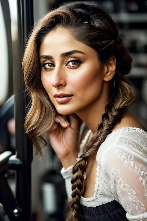 beautiful woman (Kar33n4K4p00r:.99), beautiful hair, (( Dutch braids :1.2)), ((portrait)), (closeup:1.2), ((from the waist up)), ((( A vibrant, contemporary bike shop, filled with a variety of modern bicycles and a bright, friendly design ))), natural skin texture, (( Wrap blouse and wide-leg trousers :1.2)), 24mm, 4k textures, soft cinematic light, adobe lightroom, photolab, hdr, intricate, elegant, highly detailed, sharp focus, ((((cinematic look)))), soothing tones, insane details, intricate details, hyperdetailed, low contrast, soft cinematic light, exposure blend, hdr, faded,