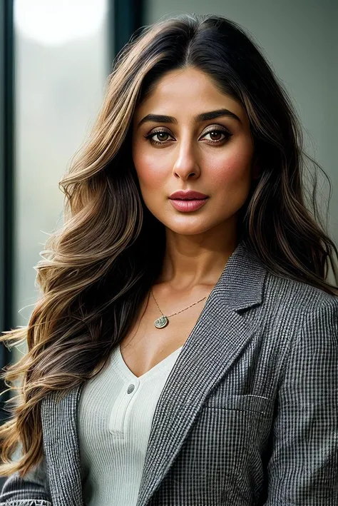 beautiful woman (Kar33n4K4p00r:.99), beautiful hair, (( Teased roots :1.2)), ((portrait)), (closeup:1.2), ((from the waist up)), ((( A modern, minimalist art studio, filled with innovative creations and a serene, creative atmosphere ))), natural skin texture, (( Blazer and gingham trousers  :1.2)), 24mm, 4k textures, soft cinematic light, adobe lightroom, photolab, hdr, intricate, elegant, highly detailed, sharp focus, ((((cinematic look)))), soothing tones, insane details, intricate details, hyperdetailed, low contrast, soft cinematic light, exposure blend, hdr, faded,