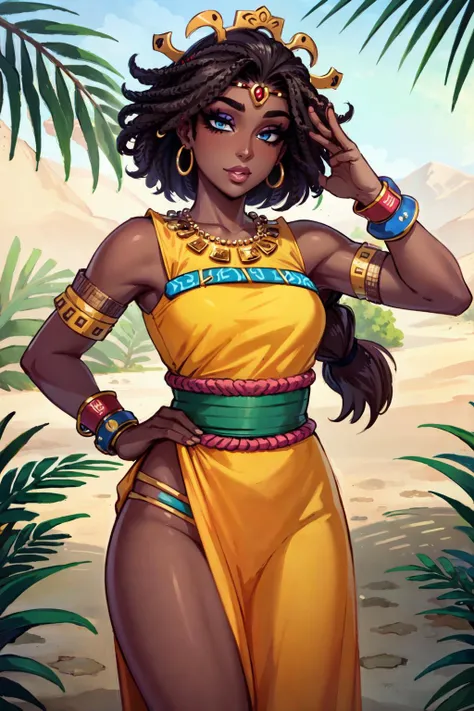 (masterpiece:1.2), (best quality:1.2), perfect eyes, perfect face, perfect lighting, photoshoot, 1girl, mature female wearing SSAHC, SSAHC, dark-skinned, colorful tribal dress, headdress, thick eyelashes, makeup, eyeshadow, medium hair, oasis, desert detailed outdoor background <lora:subSaharianAfrican_v10:0.8>