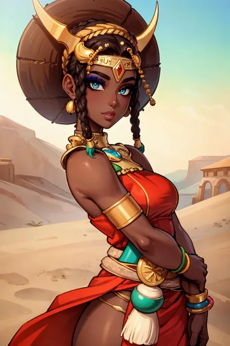 (masterpiece:1.2), (best quality:1.2), perfect eyes, perfect face, perfect lighting, photoshoot, 1girl, mature female wearing SSAHC, SSAHC, dark-skinned, colorful tribal dress, headdress, thick eyelashes, makeup, eyeshadow, medium hair, oasis, desert detailed outdoor background <lora:subSaharianAfrican_v10:0.8>