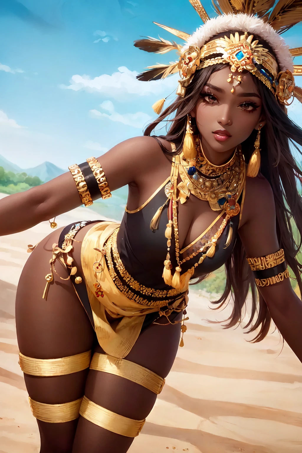 (masterpiece:1.2), (best quality:1.2), perfect eyes, perfect face, perfect lighting, photoshoot, 1girl, mature female wearing SSAHC, SSAHC, dark-skinned, colorful tribal dress, headdress, thick eyelashes, makeup, eyeshadow, medium hair, oasis, desert detailed outdoor background <lora:subSaharianAfrican_v10:0.8>