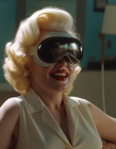 Marilyn Monroe wearing vsnz headset , in 1960s, retro, scratched film <lora:AppleVisionProDoguXL_vsnz:1.22>
