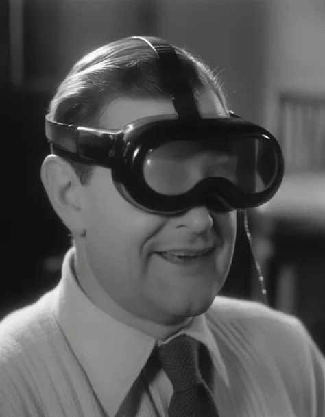 a man wearing vsnz headset , in 1930s, black and white, scratched film <lora:AppleVisionProDoguXL_vsnz:1>