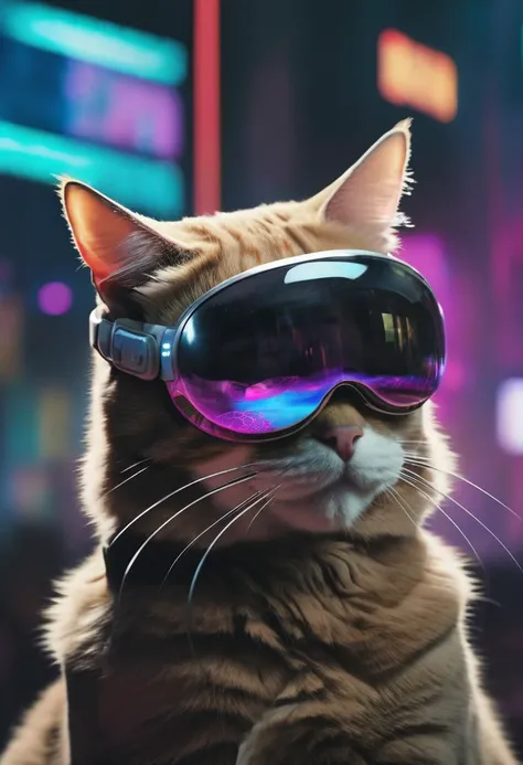 a cat wearing vsnz headset, in cyberpunk setting <lora:AppleVisionProDoguXL_vsnz:1>