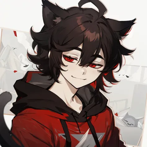 tcoaal, white outline, monochrome,  <lora:the_coffin_of_andy_and_lesley:0.8>, upper body, smile, half-closed eyes, guy, short dark brown hair, red eyes, gray hoodie, ahoge, cat ears
