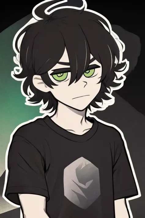 monochrome,tcoaal, solo, looking at viewer, short hair, shirt, 1boy, hair between eyes, closed mouth,black hair, green eyes, upper body, ahoge, short sleeves, male focus, black background, messy hair, bright pupils, outline, white pupils, purple shirt, white outline, <lora:the_coffin_of_andy_and_lesley-06:0.8>