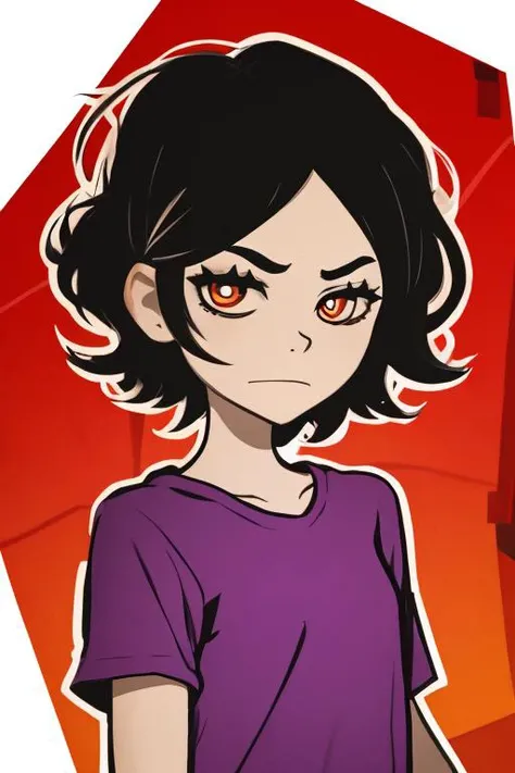 monochrome,tcoaal, solo, looking at viewer, short hair, shirt, 1girl, hair between eyes, closed mouth,black hair, golden eyes, upper body, female focus, red background, messy hair, bright pupils, outline, white pupils, purple shirt, white outline, <lora:the_coffin_of_andy_and_lesley-06:0.8>
