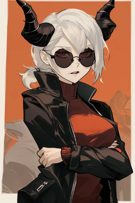 horned young woman with white hair, in black sunglasses, in red shirt and black jacket, <lora:the_coffin_of_andy_and_lesley:0.8> tcoaal style