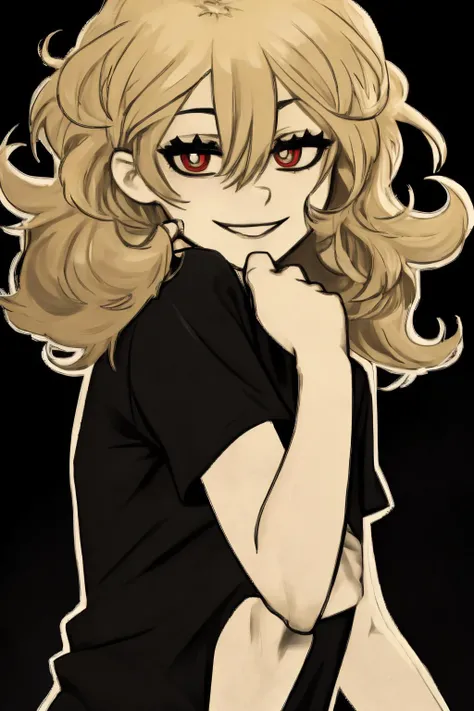 monochrome,tcoaal, solo, looking at viewer, long hair, shirt, 1girl, hair between eyes, smile,blonde hair hair, red eyes, full body, female focus, black background, messy hair, bright pupils, outline, white pupils, black shirt, white outline, <lora:the_coffin_of_andy_and_lesley-06:0.8>