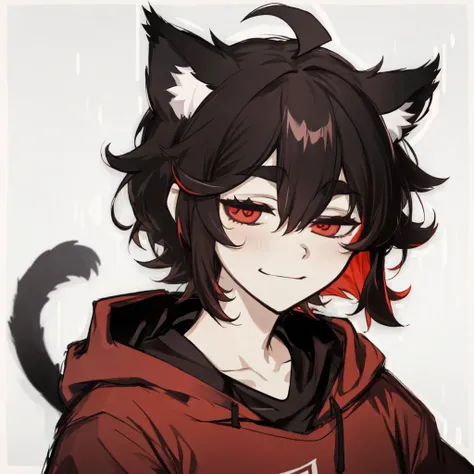 tcoaal, white outline, monochrome, <lora:the_coffin_of_andy_and_lesley:0.8>, upper body, smile, half-closed eyes, guy, short dark brown hair, red eyes, gray hoodie, ahoge, cat ears