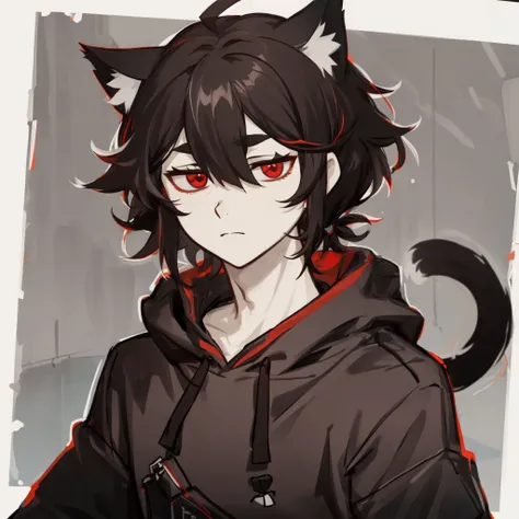 tcoaal, white outline, monochrome, <lora:the_coffin_of_andy_and_lesley:0.8>, upper body, guy, short dark brown hair, red eyes, gray hoodie, ahoge, cat ears