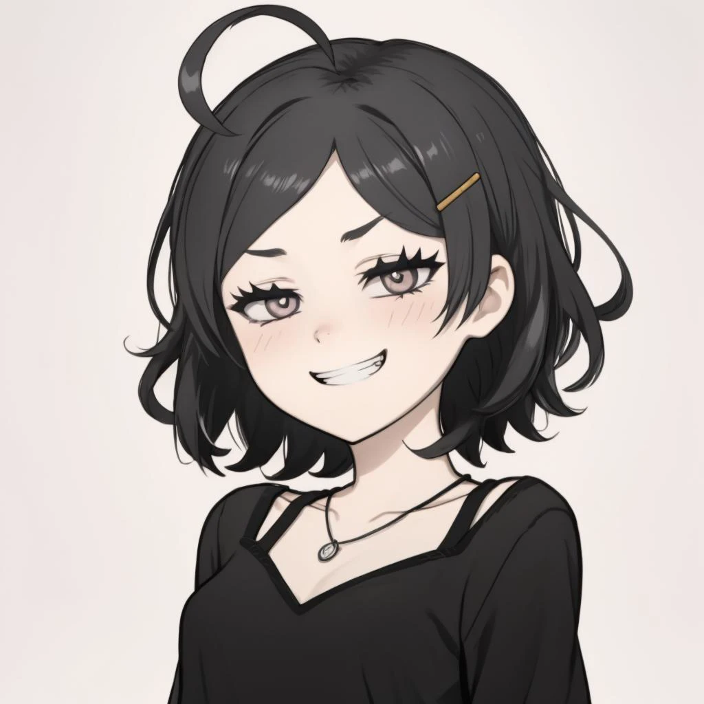 grey eyes, <lora:the_coffin_of_andy_and_lesley-06:0.8> tcoaal,white outline, monochrome, portair, simple background, 1girl, <lora:Msgk_face:0.8>,grin, <lora:komachi_hikigaya_v2:0.95> komachi hikigaya, short hair, ahoge, hairclip, small breasts, half closed eyes,