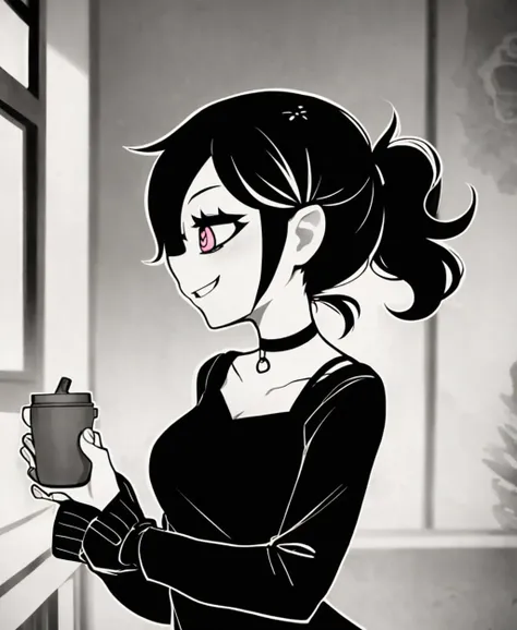 monochrome, tcoaal, 1girl, solo, smile, long sleeves, dress, holding, upper body, ponytail, choker, pink eyes, black dress, profile, black choker, outline <lora:the_coffin_of_andy_and_lesley-06:0.8>