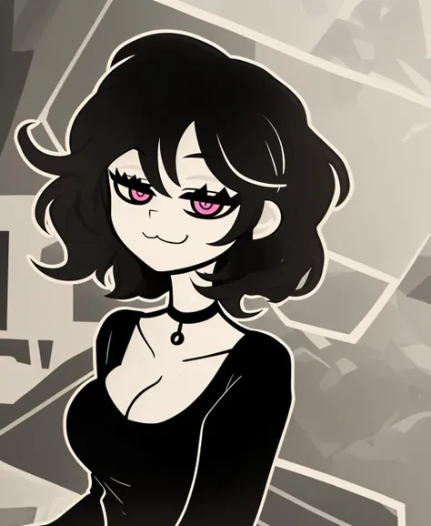 outline, white outline, monochrome, tcoaal, 1girl, solo, smile, shirt, long sleeves, cleavage, medium breasts, closed mouth, upper body, choker, pink eyes, black shirt, blood, :3, black choker, half-closed eyes, <lora:the_coffin_of_andy_and_lesley-06:0.8>