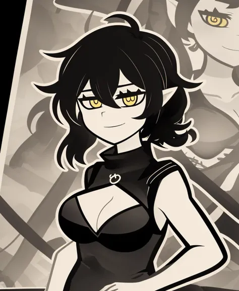 white outline, monochrome, tcoaal, 1girl, gavial, yellow eyes, smile, cleavage, medium breasts, closed mouth, upper body, solo, <lora:the_coffin_of_andy_and_lesley-06:0.8> <lora:Gavial-04:1>