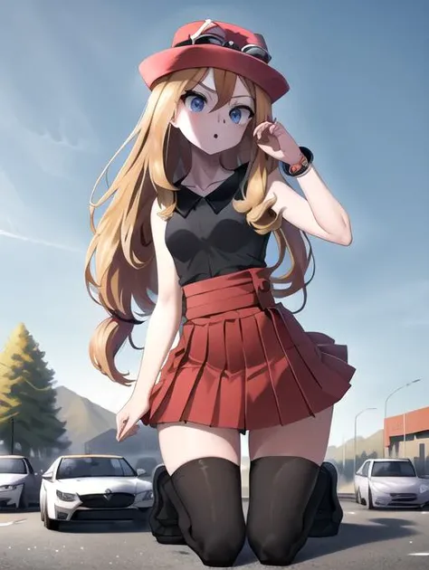 masterpiece, beautiful, best quality, highres, 1girl, solo, blue eyes, serena \(pokemon\), 1girl, solo, thighhighs, long hair, hat, jewelry, bracelet, black thighhighs, collared shirt, pleated skirt, red skirt, sleeveless, high-waist skirt, sleeveless shirt, eyelashes, pink headwear, black shirt, eyewear on headwear, <lora:serena_v2:0.7>, full body, full body view
RAW photo, full body group, ((macrogts)) crawling on hands and knees outside, looming over a tiny school parking lot, looming over tiny cars, sitting on cars:2, straddling cars, tall female, height difference, size difference, tiny students, insanely detailed facial features, absurdres, crowd,
<lyco:minigts_v3_lycoris:0.8>