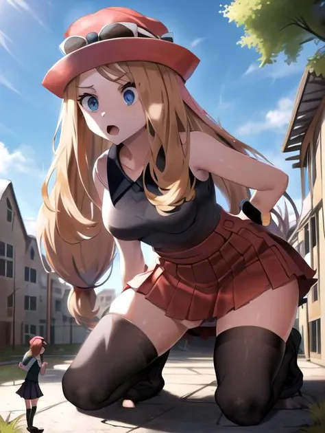 masterpiece, best quality, highres, blue eyes, serene \(pokemon\), 1girl, solo, thighs, long hair, hat, jewelry, bracelet, black thighs, collared shirt, pleated skirt, red skirt, sleeveless, high waist skirt, sleeveless shirt, eyelashes, pink hat, black shirt, glasses on head, upper body, field, smile, closed mouth, kneeling, buttocks touching her heels,  From behind position, Looking over the shoulder, Skirt raised, Showing underwear, Panties, Tight panties, Red panties, blush, On grass. With his back to the viewer. Semen, in the panties, on the back, dripping from your groin, pregnant, advanced pregnancy.