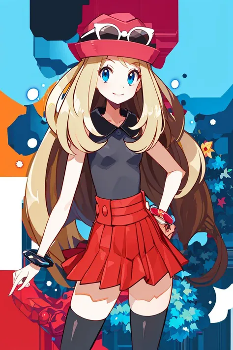 <lora:Harada_Takehito_Background_Dim32:0.8>, ((masterpiece,best quality)), absurdres, <lora:serena_v1:0.7>, serena \(pokemon\), 1girl, long hair, blue eyes, thighhighs, long hair, hat, jewelry, bracelet, black thighhighs, collared shirt, pleated skirt, red skirt, sleeveless, high-waist skirt, sleeveless shirt, eyelashes, pink headwear, black shirt, eyewear on headwear, solo, smiling, looking at viewer, cowboy shot, cinematic composition, contrapposto,