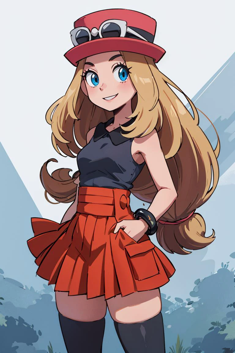 ((masterpiece,best quality)), absurdres, <lora:serena_v1:0.7>, serena \(pokemon\), 1girl, long hair, blue eyes, thighhighs, long hair, hat, jewelry, bracelet, black thighhighs, collared shirt, pleated skirt, red skirt, sleeveless, high-waist skirt, sleeveless shirt, eyelashes, pink headwear, black shirt, eyewear on headwear, solo, smiling, looking at viewer, cowboy shot, cinematic composition, dynamic pose, contrapposto,