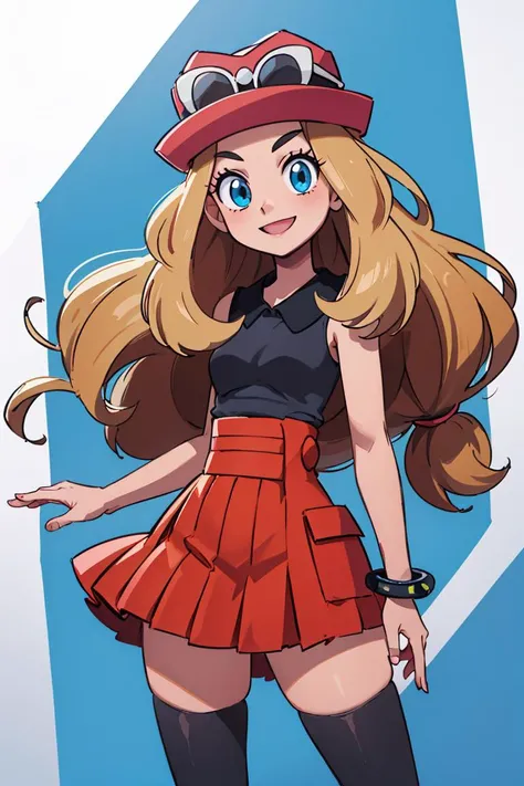 ((masterpiece,best quality)), absurdres, <lora:serena_v1:0.7>, serena \(pokemon\), 1girl, long hair, blue eyes, thighhighs, long hair, hat, jewelry, bracelet, black thighhighs, collared shirt, pleated skirt, red skirt, sleeveless, high-waist skirt, sleeveless shirt, eyelashes, pink headwear, black shirt, eyewear on headwear, solo, smiling, looking at viewer, cowboy shot, cinematic composition, dynamic pose, contrapposto,