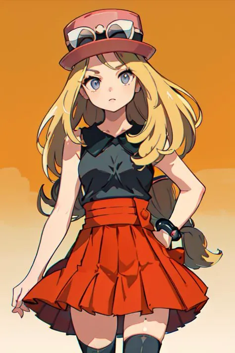 score_9, score_8_up, score_7_up, source_anime, serena, 1girl, solo, blue eyes, long hair/Short/ponytail hair, eyelashes, blonde hair, skirt, hat, pink headwear, sleeveless, shirt, sleeveless shirt, red skirt, hat bow, black shirt
