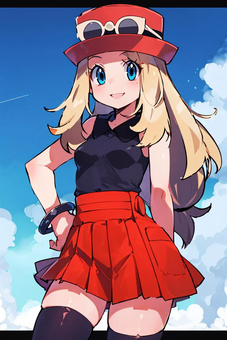 <lora:Zankuro_AnyLora_Dim32:0.8>, ((masterpiece,best quality)), absurdres, <lora:serena_v1:0.7>, serena \(pokemon\), 1girl, long hair, blue eyes, thighhighs, long hair, hat, jewelry, bracelet, black thighhighs, collared shirt, pleated skirt, red skirt, sleeveless, high-waist skirt, sleeveless shirt, eyelashes, pink headwear, black shirt, eyewear on headwear, solo, smiling, looking at viewer, cowboy shot, cinematic composition, contrapposto,