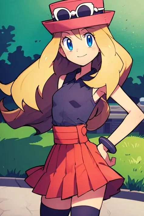 <lora:Sweet_CAT:0.8>,((masterpiece,best quality)), absurdres, <lora:serena_v1:0.7>, serena \(pokemon\), 1girl, long hair, blue eyes, thighhighs, long hair, hat, jewelry, bracelet, black thighhighs, collared shirt, pleated skirt, red skirt, sleeveless, high-waist skirt, sleeveless shirt, eyelashes, pink headwear, black shirt, eyewear on headwear, solo, smiling, looking at viewer, cowboy shot, ,
