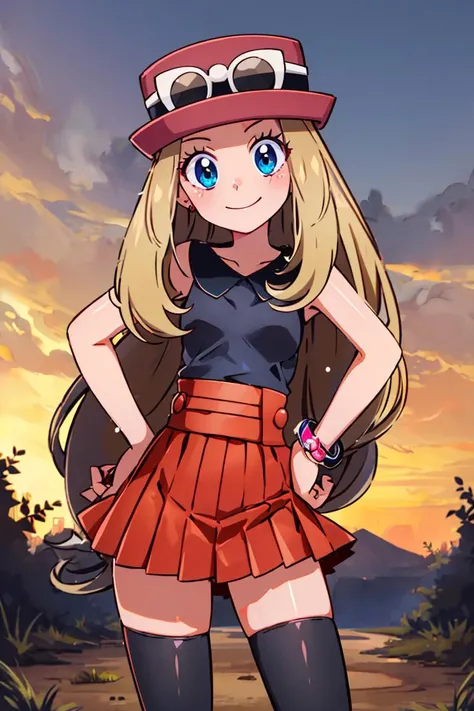 <lora:hoshino_fuuta_style:0.8>,((masterpiece,best quality)), absurdres, <lora:serena_v1:0.7>, serena \(pokemon\), 1girl, long hair, blue eyes, thighhighs, long hair, hat, jewelry, bracelet, black thighhighs, collared shirt, pleated skirt, red skirt, sleeveless, high-waist skirt, sleeveless shirt, eyelashes, pink headwear, black shirt, eyewear on headwear, solo, smiling, looking at viewer, cowboy shot, cinematic composition, contrapposto,