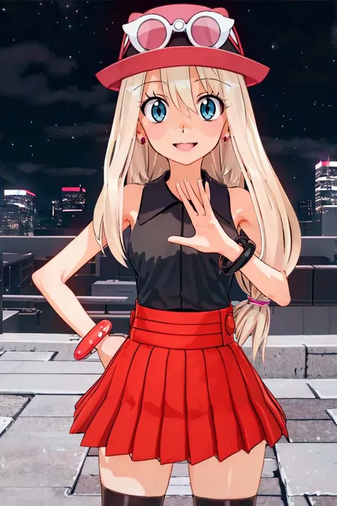 <lora:Beta:0.8>, , ((masterpiece,best quality)),  <lora:serena_v1:0.7>,  serena \(pokemon\), 1girl, long hair, blue eyes,  thighhighs, long hair, hat, jewelry, bracelet, black thighhighs, collared shirt, pleated skirt, red skirt, sleeveless, high-waist skirt, sleeveless shirt, eyelashes, pink headwear, black shirt, eyewear on headwear, solo, smiling, looking at viewer, cowboy shot,  cinematic composition, contrapposto,
