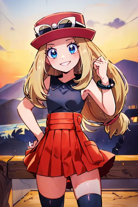 <lora:hoshino_fuuta_style:0.8>,((masterpiece,best quality)), absurdres,  <lora:serena_v1:0.7>,  serena \(pokemon\), 1girl, long hair, blue eyes,  thighhighs, long hair, hat, jewelry, bracelet, black thighhighs, collared shirt, pleated skirt, red skirt, sleeveless, high-waist skirt, sleeveless shirt, eyelashes, pink headwear, black shirt, eyewear on headwear, solo, smiling, looking at viewer, cowboy shot,  cinematic composition, contrapposto,