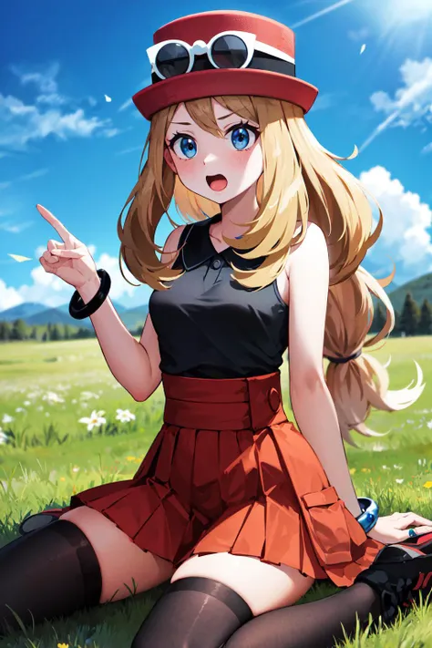 masterpiece, best quality, highres, blue eyes, serene \(pokemon\), 1girl, solo, thighs, long hair, hat, jewelry, bracelet, black thighs, collared shirt, pleated skirt, red skirt, sleeveless, high waist skirt, sleeveless shirt, eyelashes, pink hat, black shirt, glasses on head, upper body, field, smile, closed mouth, kneeling, buttocks touching her heels, From behind position, Looking over the shoulder, skirt raised, showing ass, blush, on grass. With her back to the viewer, no underwear, MILF, nsfw, skirt raised, genitals visible, showing female genitalia.