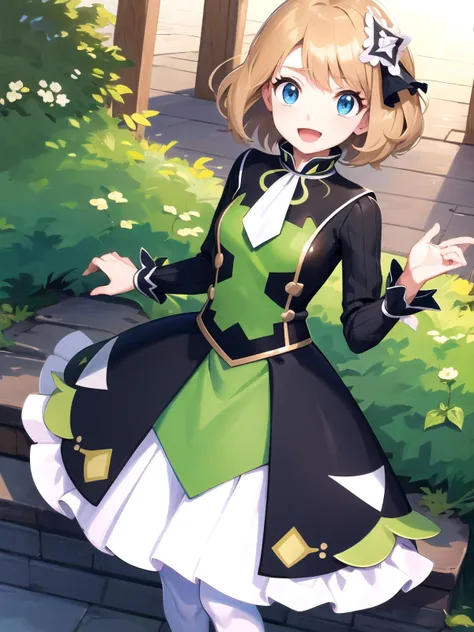 (masterpiece:1.5), (best quality:1.5), extremely detailed, 4k, <lora:PokSerena6oV2:0.8>, (ddserena), solo, short hair, hair ornament, hair ribbon, eyelashes, blue eyes, white ascot, multicolored dress, black dress, green dress, long sleeves, white pantyhose, happy, :d, outdoors, (sharp focus), perfect body, sunshine, looking at viewer, shy pose,