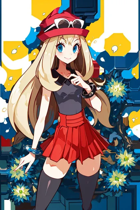 <lora:Harada_Takehito_Background_Dim32:1>, ((masterpiece,best quality)), absurdres, <lora:serena_v1:0.7>, serena \(pokemon\), 1girl, long hair, blue eyes, thighhighs, long hair, hat, jewelry, bracelet, black thighhighs, collared shirt, pleated skirt, red skirt, sleeveless, high-waist skirt, sleeveless shirt, eyelashes, pink headwear, black shirt, eyewear on headwear, solo, smiling, looking at viewer, cowboy shot, cinematic composition, contrapposto,