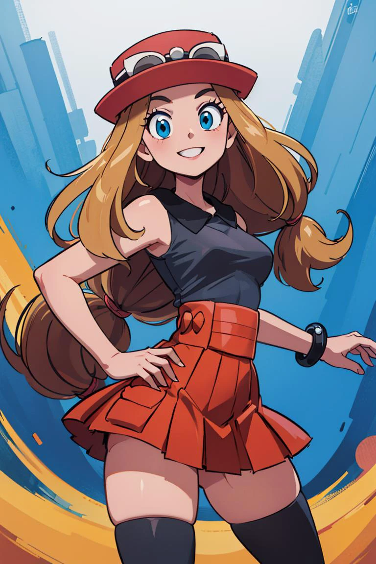 ((masterpiece,best quality)), absurdres, <lora:serena_v1:0.7>, serena \(pokemon\), 1girl, long hair, blue eyes, thighhighs, long hair, hat, jewelry, bracelet, black thighhighs, collared shirt, pleated skirt, red skirt, sleeveless, high-waist skirt, sleeveless shirt, eyelashes, pink headwear, black shirt, eyewear on headwear, solo, smiling, looking at viewer, cowboy shot, cinematic composition, dynamic pose, contrapposto,