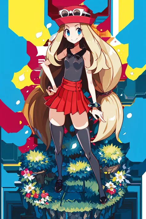 <lora:Harada_Takehito_Background_Dim32:1>, ((masterpiece,best quality)), absurdres, <lora:serena_v1:0.7>, serena \(pokemon\), 1girl, long hair, blue eyes, thighhighs, long hair, hat, jewelry, bracelet, black thighhighs, collared shirt, pleated skirt, red skirt, sleeveless, high-waist skirt, sleeveless shirt, eyelashes, pink headwear, black shirt, eyewear on headwear, solo, smiling, looking at viewer, cowboy shot, cinematic composition, contrapposto,