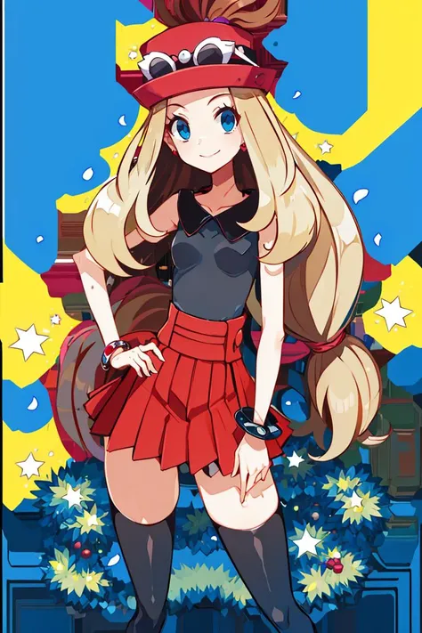 <lora:Harada_Takehito_Background_Dim32:1>, ((masterpiece,best quality)), absurdres, <lora:serena_v1:0.7>, serena \(pokemon\), 1girl, long hair, blue eyes, thighhighs, long hair, hat, jewelry, bracelet, black thighhighs, collared shirt, pleated skirt, red skirt, sleeveless, high-waist skirt, sleeveless shirt, eyelashes, pink headwear, black shirt, eyewear on headwear, solo, smiling, looking at viewer, cowboy shot, cinematic composition, contrapposto,