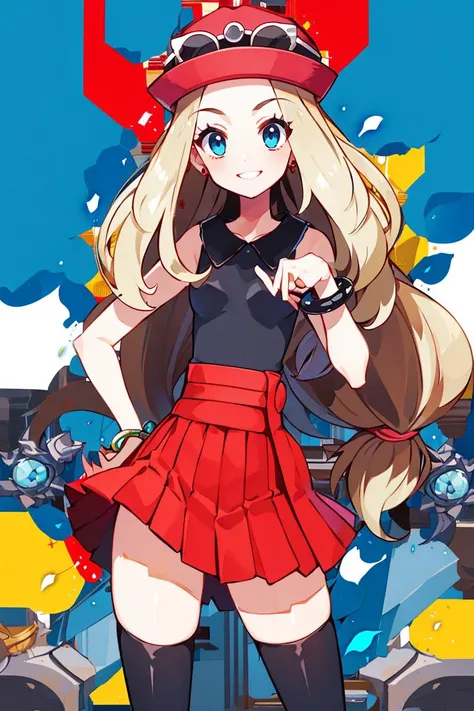 <lora:Harada_Takehito_Background_Dim32:0.8>, ((masterpiece,best quality)), absurdres, <lora:serena_v1:0.7>, serena \(pokemon\), 1girl, long hair, blue eyes, thighhighs, long hair, hat, jewelry, bracelet, black thighhighs, collared shirt, pleated skirt, red skirt, sleeveless, high-waist skirt, sleeveless shirt, eyelashes, pink headwear, black shirt, eyewear on headwear, solo, smiling, looking at viewer, cowboy shot, cinematic composition, contrapposto,