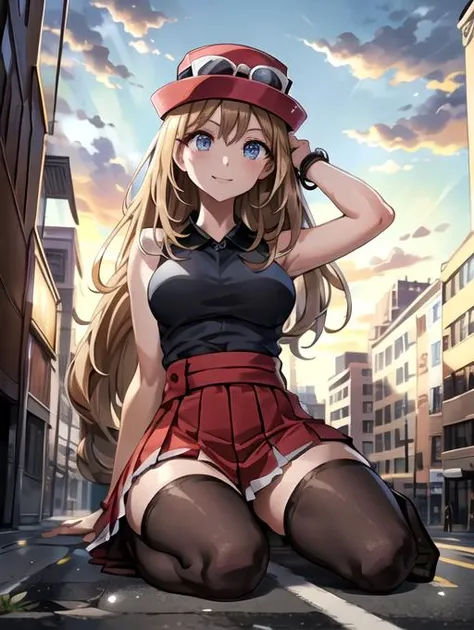 masterpiece, best quality, highres, blue eyes, serena \(pokemon\), 1girl, solo, thighhighs, long hair, hat, jewelry, bracelet, black thighhighs, collared shirt, pleated skirt, red skirt, sleeveless, high-waist skirt, sleeveless shirt, eyelashes, pink headwear, black shirt, eyewear on headwear, <lora:serena_v2:0.6>, upper body, field,
beautiful, masterpiece, best quality, extremely detailed face, perfect lighting, 1girl, solo, BREAK ((full body)),<lora:add_detail:0.2> , RAW photo, (masterpiece), best quality, extremely detailed, delicate and beautiful, photorealistic illustration, one (macrogts:1.2|mesogts:1.2) (woman), (solo), (minigts), giant, giantess, beautiful eyes, sharp, dynamic light,(full body portrait), outside, (sitting between apartment buildings at sunset), looking over building, looming, walking over cars, buses, vans, door, window, table, chair, tiny people in background, skyscrapers in background, brownstone buildings, street, streetlight, traffic light, sidewalk, 8k uhd, dslr, soft lighting, high quality, film grain, (smile512),<lora:minigts_v3_lycoris:0.7>, cracked roads, destroyed road, destruction, rubble, debris, surrounded by debris, cracks in the ground