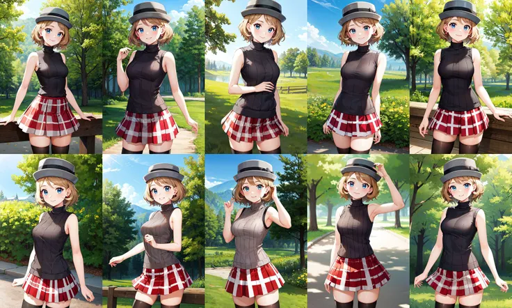 masterpiece, best quality, highres, ccserena, solo, short hair, (grey headwear:1.2), earrings, eyelashes, blue eyes, grey sweater, sweater vest, sleeveless turtleneck, bare arms, plaid skirt, red skirt, black thighhighs, <lora:serena_(pokemon)_v2:0.7>, standing, cowboy shot, smile, outdoors
