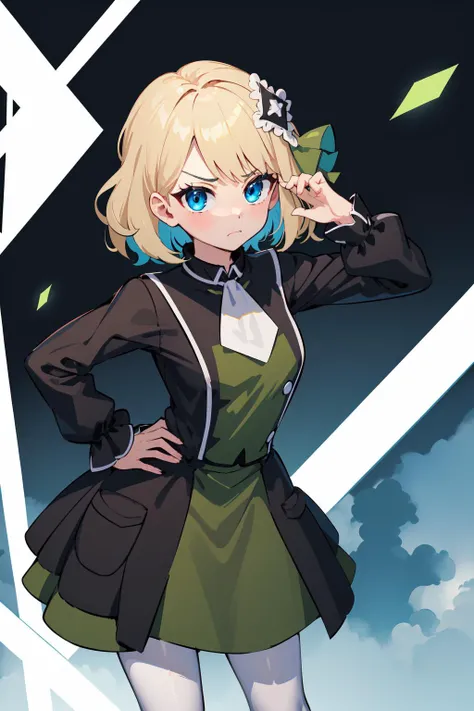 masterpiece, best quality, highres, serena \(pokemon\), short hair, blue eyes, 1girl, solo, white pantyhose, hair ornament, long sleeves, blue eyes, bangs, ribbon, multicolored_dress, black dress, green dress, hair ribbon, white ascot, black ribbon, <lora:serena_v2:0.6>, thighs, breasts, leaning forward, hand on hip, frown