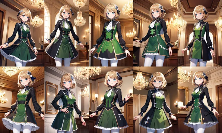 masterpiece, best quality, highres, ddserena, solo, short hair, hair ornament, hair ribbon, eyelashes, blue eyes, white ascot, multicolored dress, black dress, green dress, long sleeves, white pantyhose, <lora:serena_(pokemon)_v2:0.7>, standing, cowboy shot, indoors, chandelier,