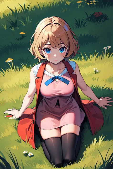 masterpiece, best quality, highres, serena \(pokemon\), short hair, blue eyes, 1girl, solo, blue ribbon, eyelashes, black thighhighs, neck ribbon, sleeveless, bangs, collarbone, bare arms, pink dress, red coat, <lora:serena_v2:0.6>, thighs, breasts, outdoors, from above, field, grass