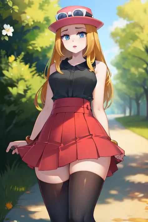 <lora:twistedscarlett60_style:0.8>,((masterpiece,best quality)), absurdres, <lora:serena_v1:0.6>, serena \(pokemon\), 1girl, long hair, detailed blue eyes, detailed pupils, hips, thighs, sexy adult, breasts, thighhighs, long hair, hat, jewelry, bracelet, black thighhighs, collared shirt, pleated skirt, red skirt, sleeveless, high-waist skirt, sleeveless shirt, eyelashes, pink headwear, black shirt, eyewear on headwear, solo, parted lips, looking down, cowboy shot, cinematic composition, contrapposto, narrowed eyes
park setting, pathway, trees, flowers, grass,
<lora:cloth-bulge:1>,