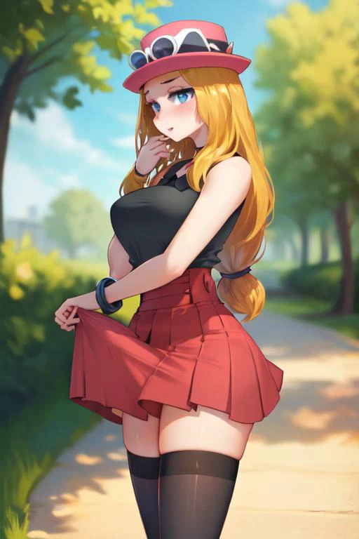 <lora:twistedscarlett60_style:0.8>,((masterpiece,best quality)), absurdres, <lora:serena_v1:0.6>, serena \(pokemon\), 1girl, long hair, detailed blue eyes, detailed pupils, hips, thighs, sexy adult, breasts, thighhighs, long hair, hat, jewelry, bracelet, black thighhighs, collared shirt, pleated skirt, red skirt, sleeveless, high-waist skirt, sleeveless shirt, pink headwear, black shirt, eyewear on headwear, solo, parted lips, looking down, cinematic composition, contrapposto, narrowed eyes, blush,
park setting, pathway, trees, flowers, grass,
side view, walking, pacing,
<lora:cloth-bulge:1>, gigantic cloth bulge,